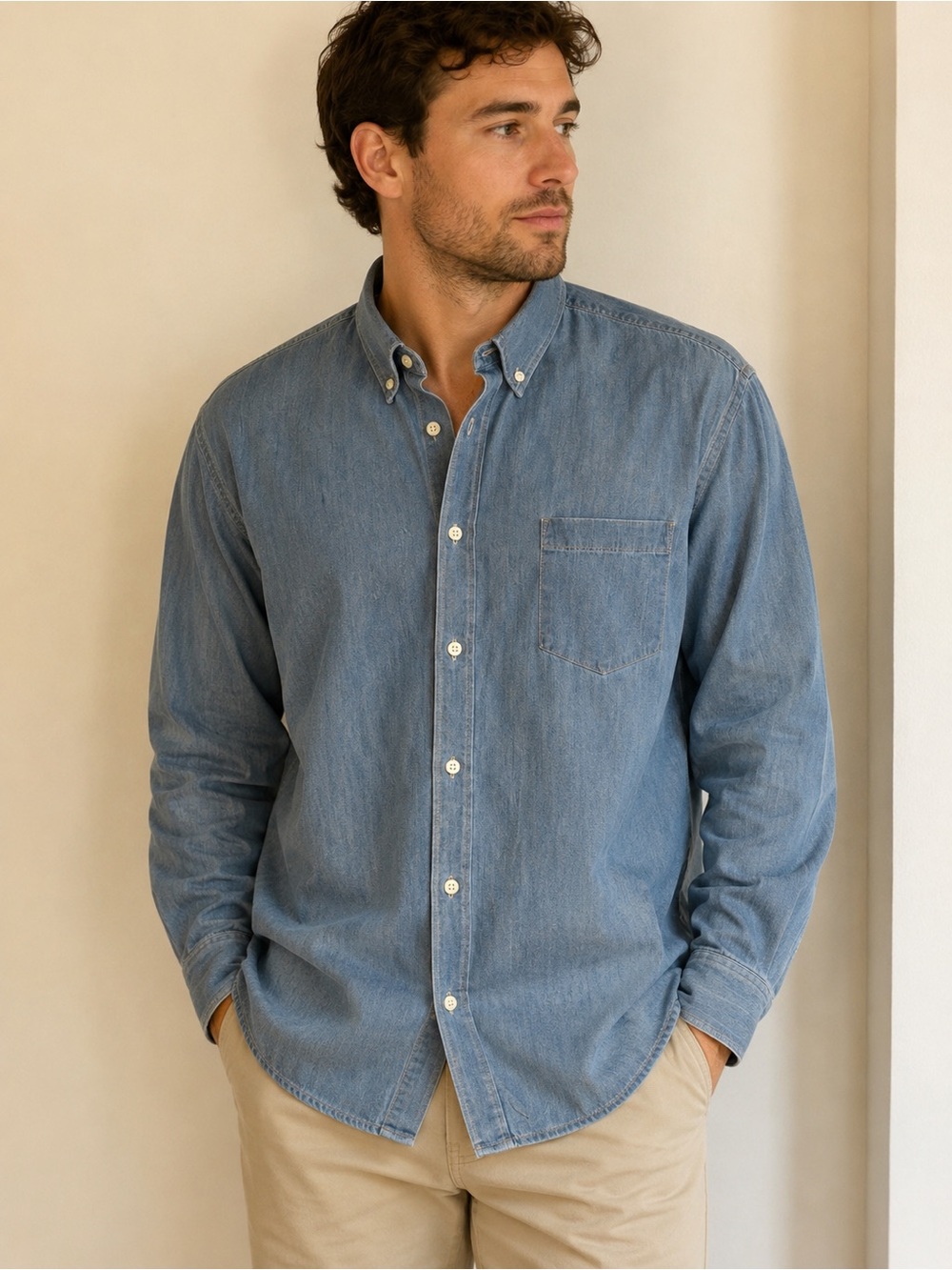 Nordstrom Men’s Shop Chambray Shirt 2XL Blue Stretch Button Down Trim Fit